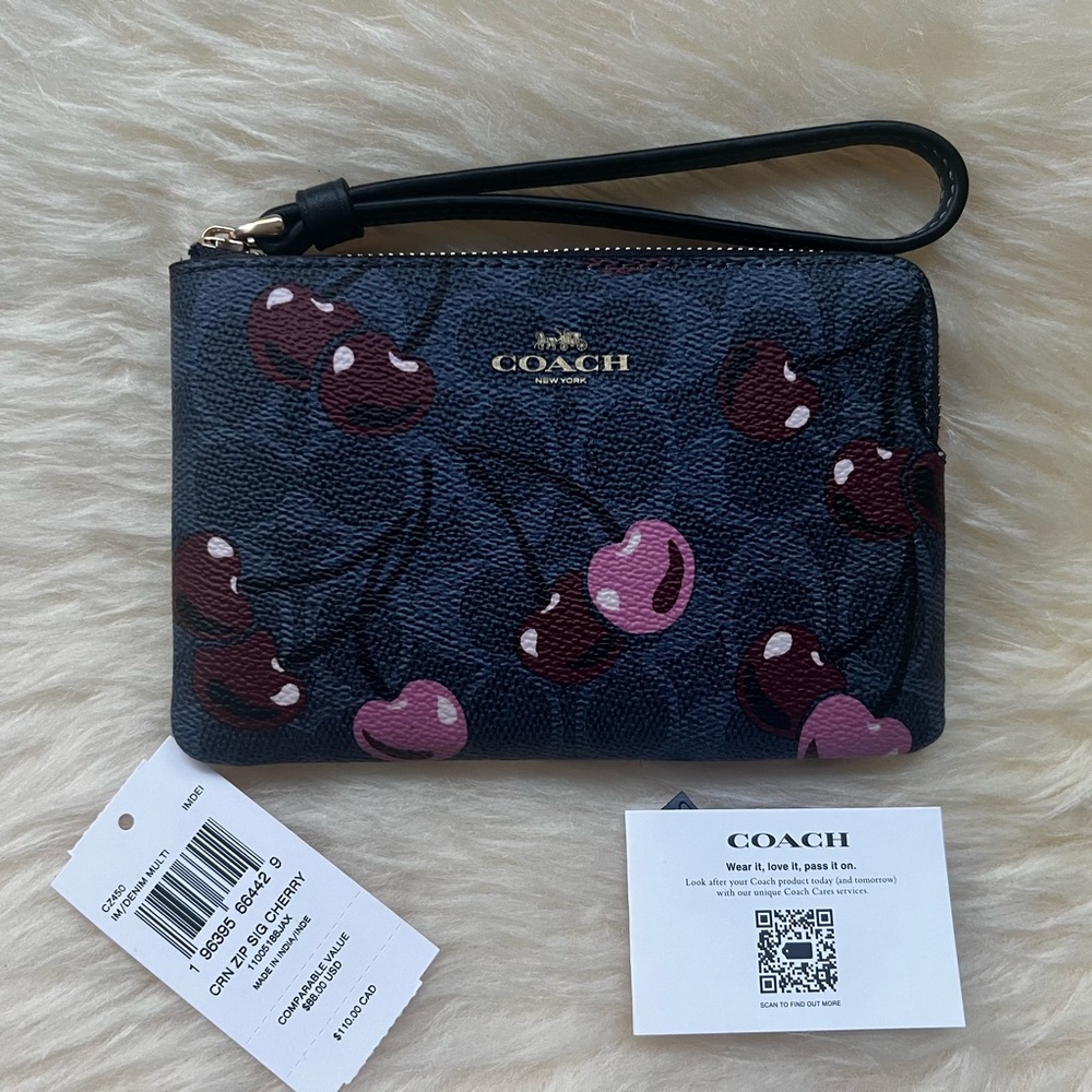 Coach Navy Cherry Print Wristlet